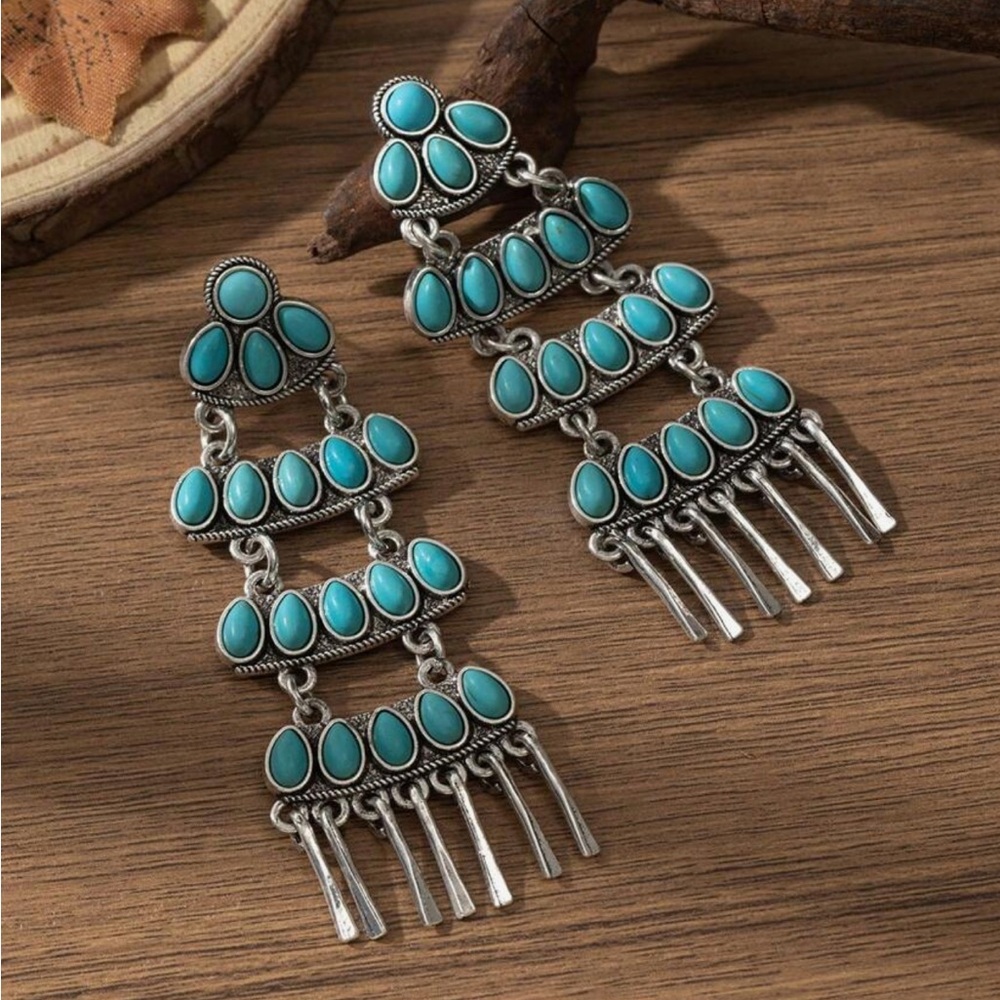 Turquoise Teardrop Chandelier Earrings - Silver Tone - Fashion Jewelry